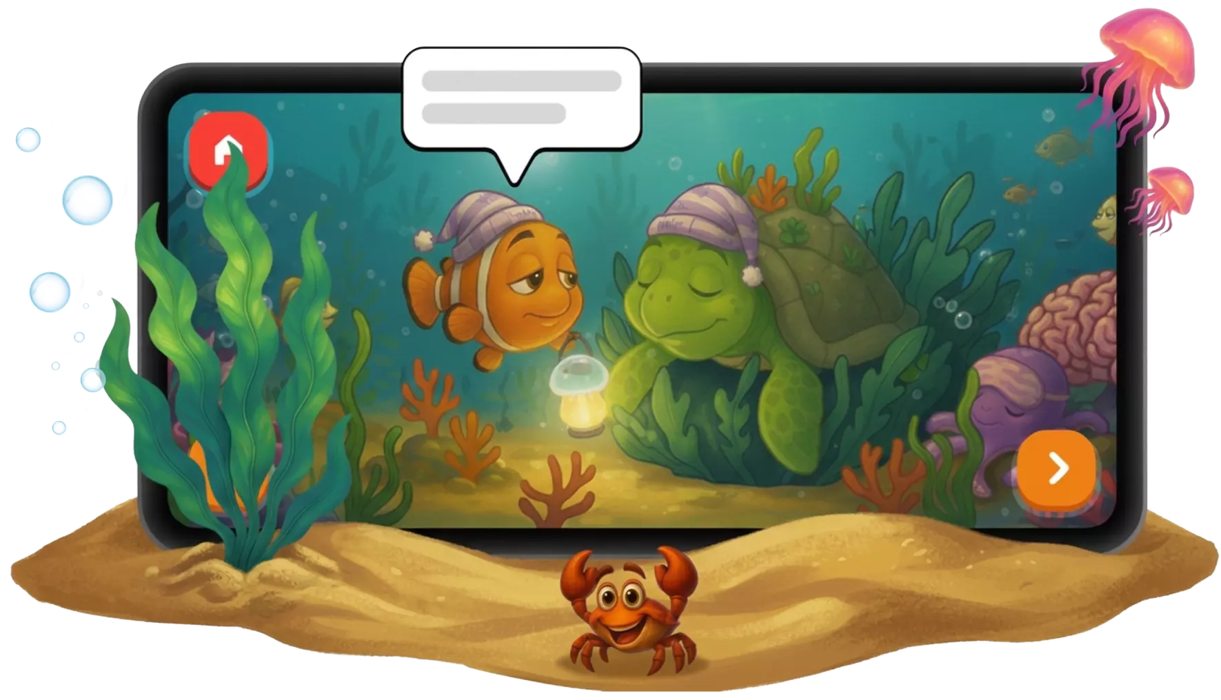 The Laffari app on a tablet — a sleepy clownfish with a lantern says goodnight to a turtle in a Splashy Tales bedtime scene, surrounded by seaweed, jellyfish and bubbles
