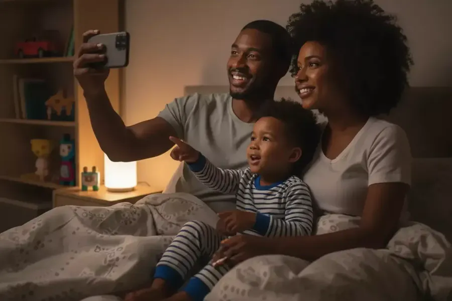 Parent and child enjoying a calm digital bedtime story